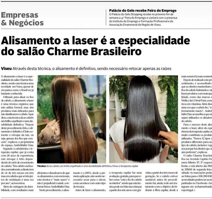 Reportagem do Diário de Viseu: alisamento a laser é a especialidade do salão Charme Brasileiro